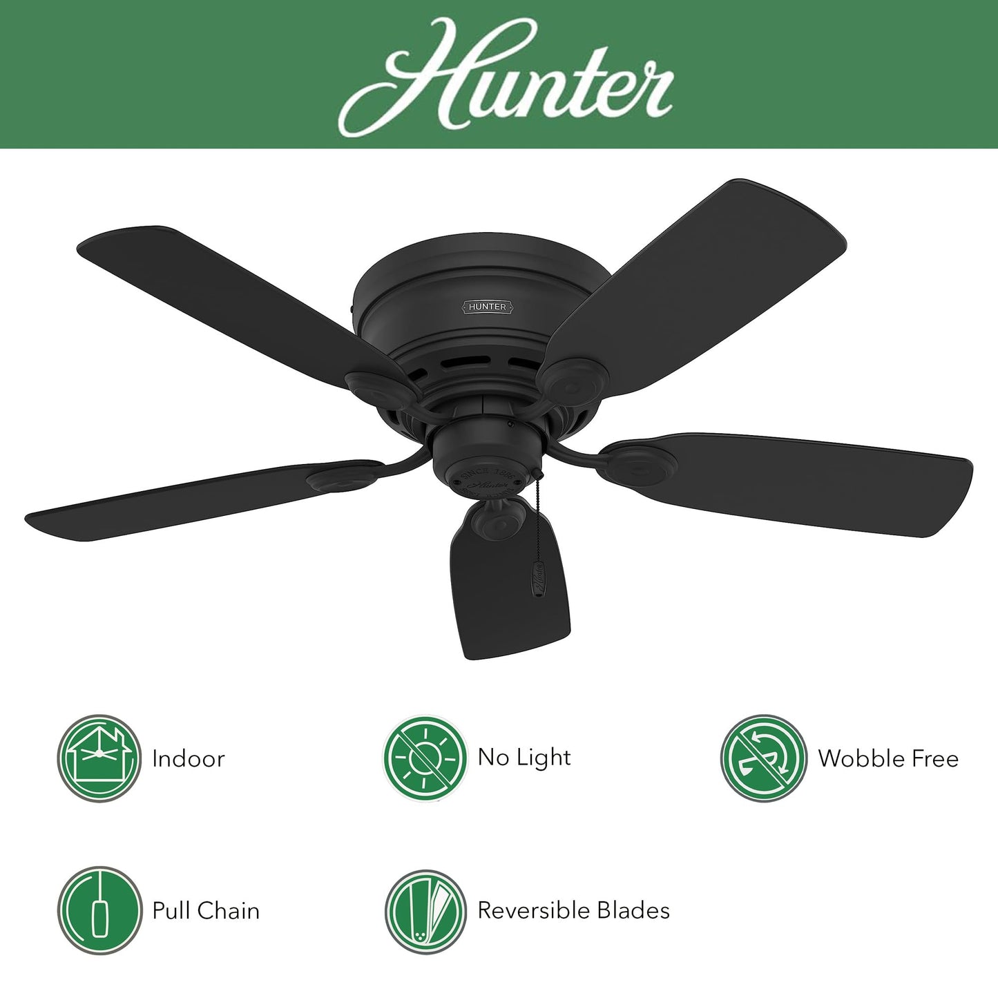 Hunter Fan 42 Inch Low Profile Matte Black Finish Indoor Ceiling Fan With 5 Blades and Pull Chain (Renewed)