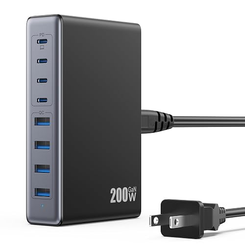 LanLuk 200W GaN IV 8-Port Charging Station with 65W USB-C PD Output and QC4.0, Compatible with MacBooks, Dell laptops, iPhones, iPads, and Steam Deck.