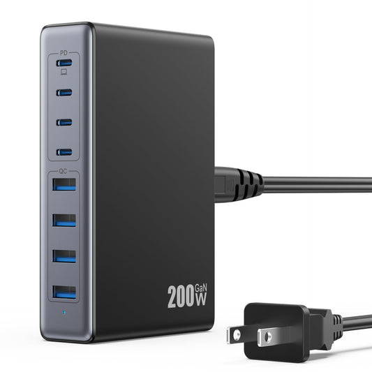 LanLuk 200W GaN IV 8-Port Charging Station with 65W USB-C PD Output and QC4.0, Compatible with MacBooks, Dell laptops, iPhones, iPads, and Steam Deck.