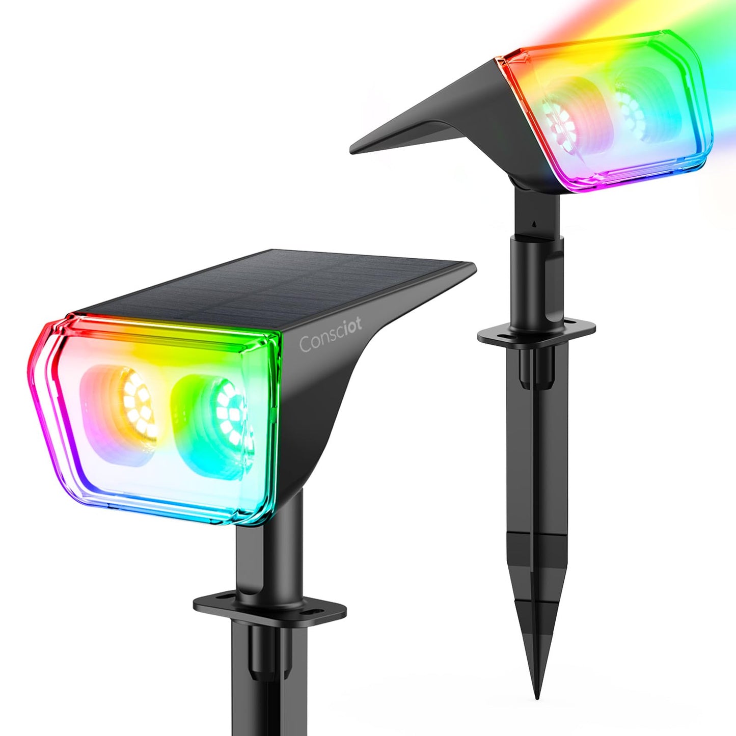 Consciot Solar Spot Lights Outdoor, 30 LEDs Waterproof Color Changing Solar Lights, 2 in 1 Adjustable Wall Lights, 10 Colors, D2D Modes Solar