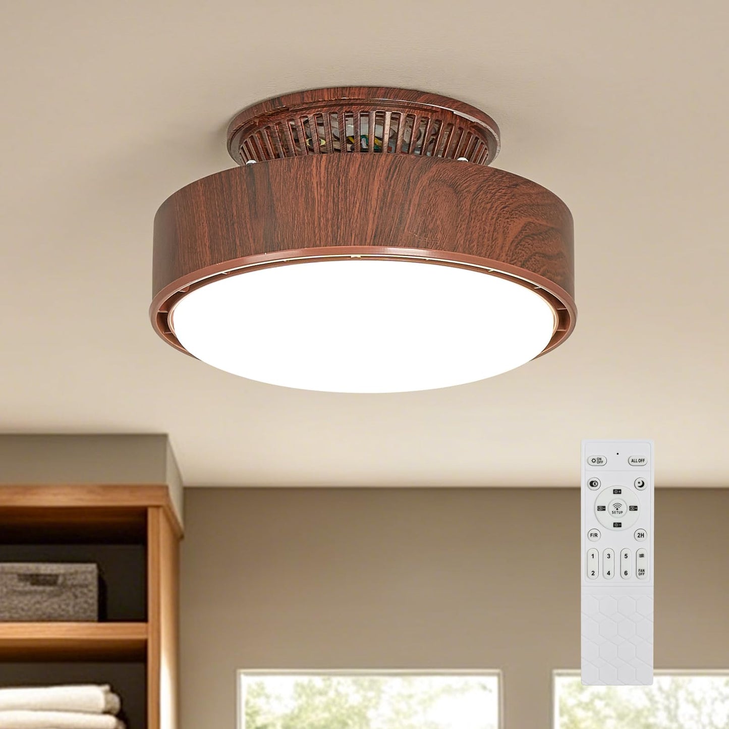 Monikessy Bladeless Ceiling Fan with Lights, 11" Small Flush Mount Fandelier, Modern Farmhouse Enclosed Ceiling Fan Light with Remote, Dimmable LED