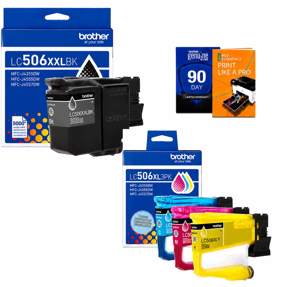 Brother Genuine LC506XXLBK Super High Yield Black & LC506XL3PK (C/M/Y) Ink Cartridge Bundle with Deco Essentials Printer eBook for MFC-J4555DW