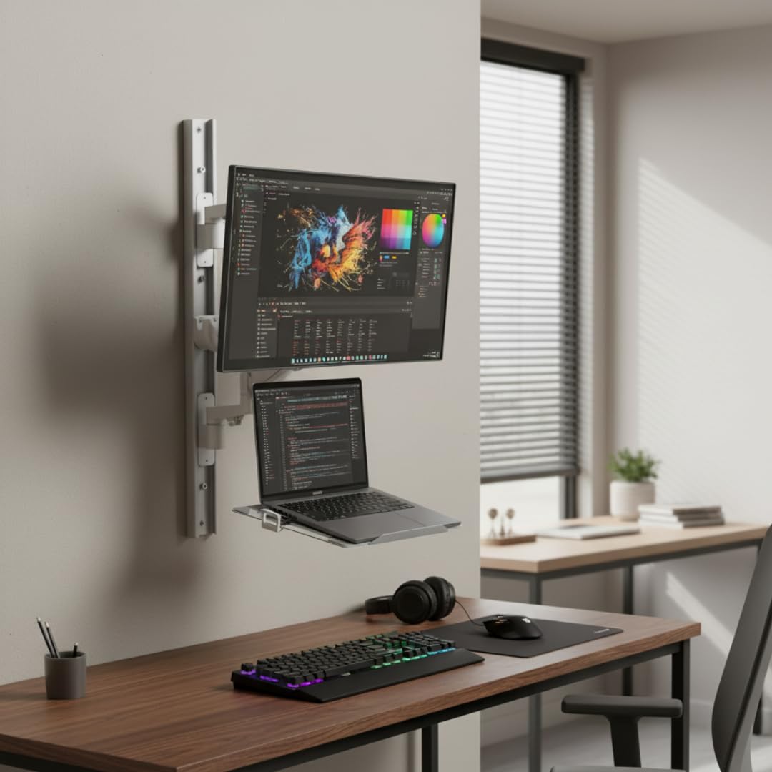ZeboZap ZLTV8022 Wall Monitor Mount with Keyboard Tray | Fits 17 to 43 Inch | Single Monitor Wall Mount with Laptop Tray | Home Office, Bedside