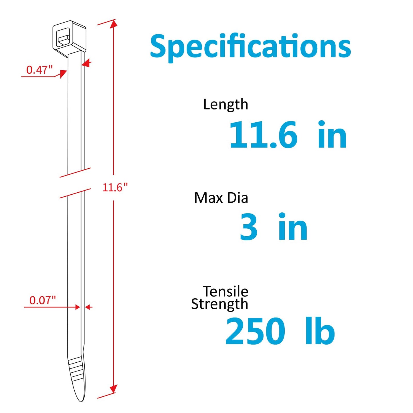 Industrial Zip Ties Heavy Duty with 250 lbs Tensile Strength, 11.6 inch, Electrical Cable Ties Heavy Duty, 50 Pieces, Wide and Thick Zip Ties,