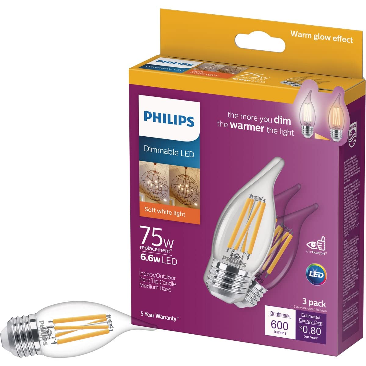 Philips LED Clear Dimmable, Warm Glow Effect BA11 Light Bulb - Pack of 3 - EyeComfort Flicker Free - 6.6W=75W - 600 Lumen - Soft White (2700K) - E26