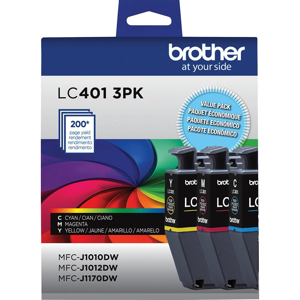 Brother Genuine LC401 3-Pack Color Standard Yield Ink Cartridge (Cyan, Magenta, Yellow) Bundle with Deco Essentials Printer eBook for MFC-J1010DW
