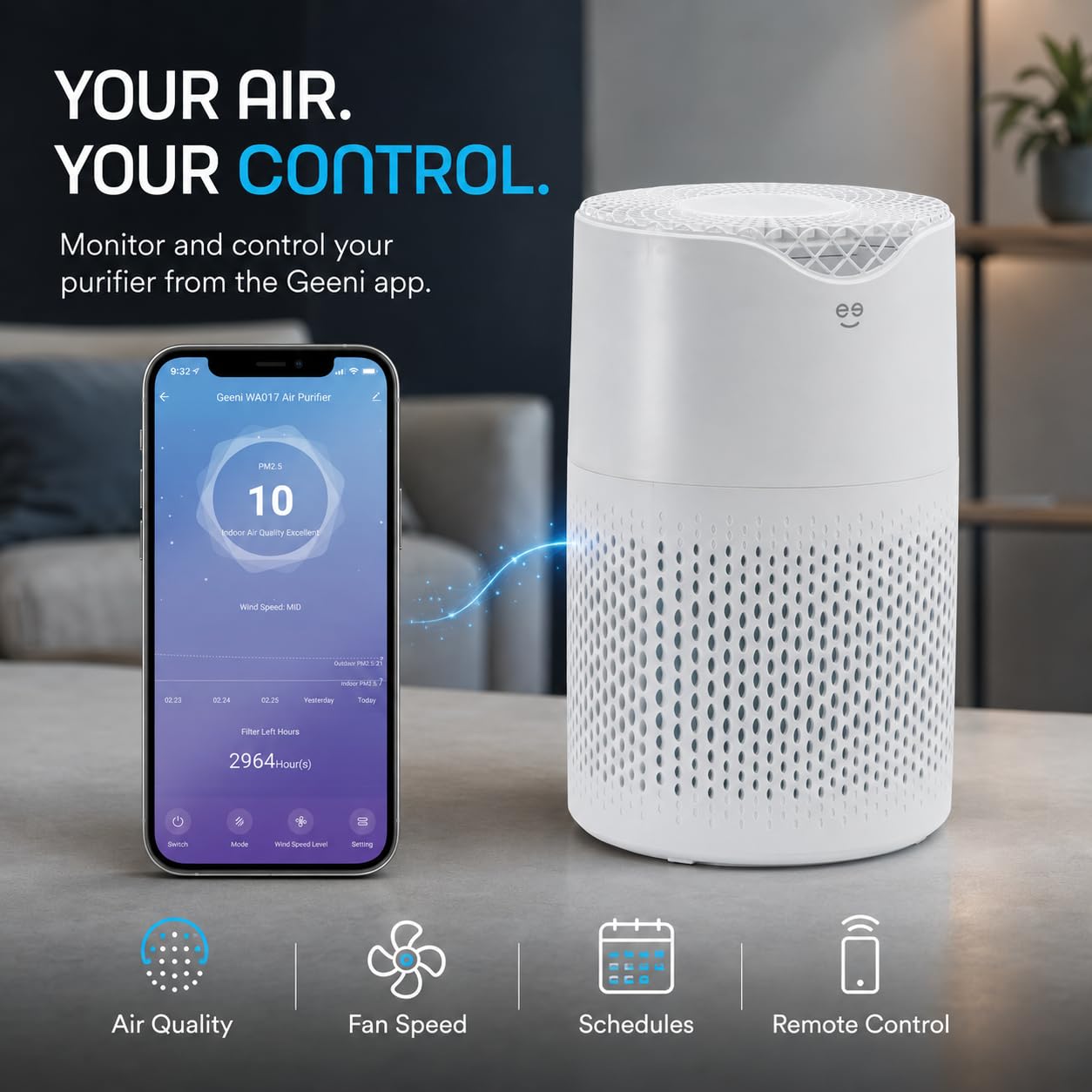 Geeni Air Purifier for Home, HEPA Air Filter, Medium Room, 585 Sq. Ft.