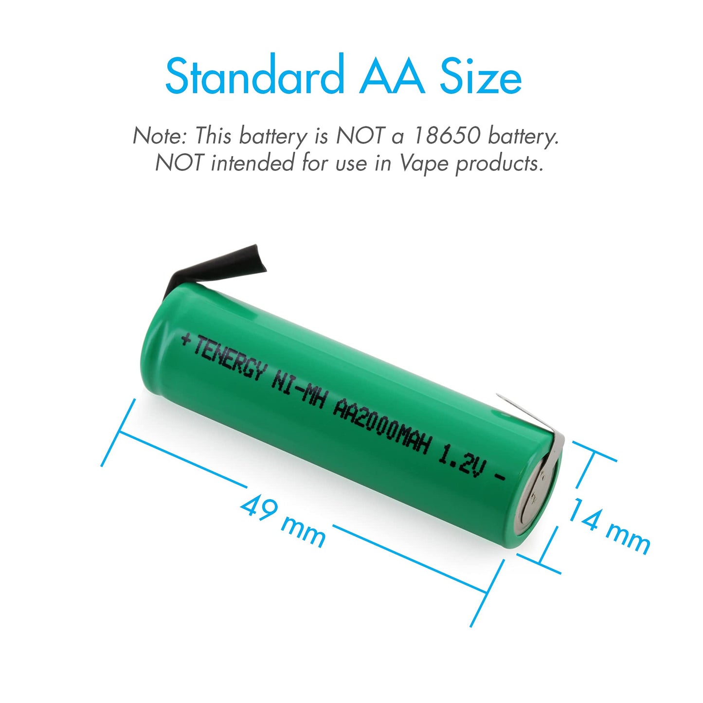 Tenergy AA 1.2V NiMH 2000mAh Flat Top Rechargeable AA Batteries with Tabs, 4 Pack