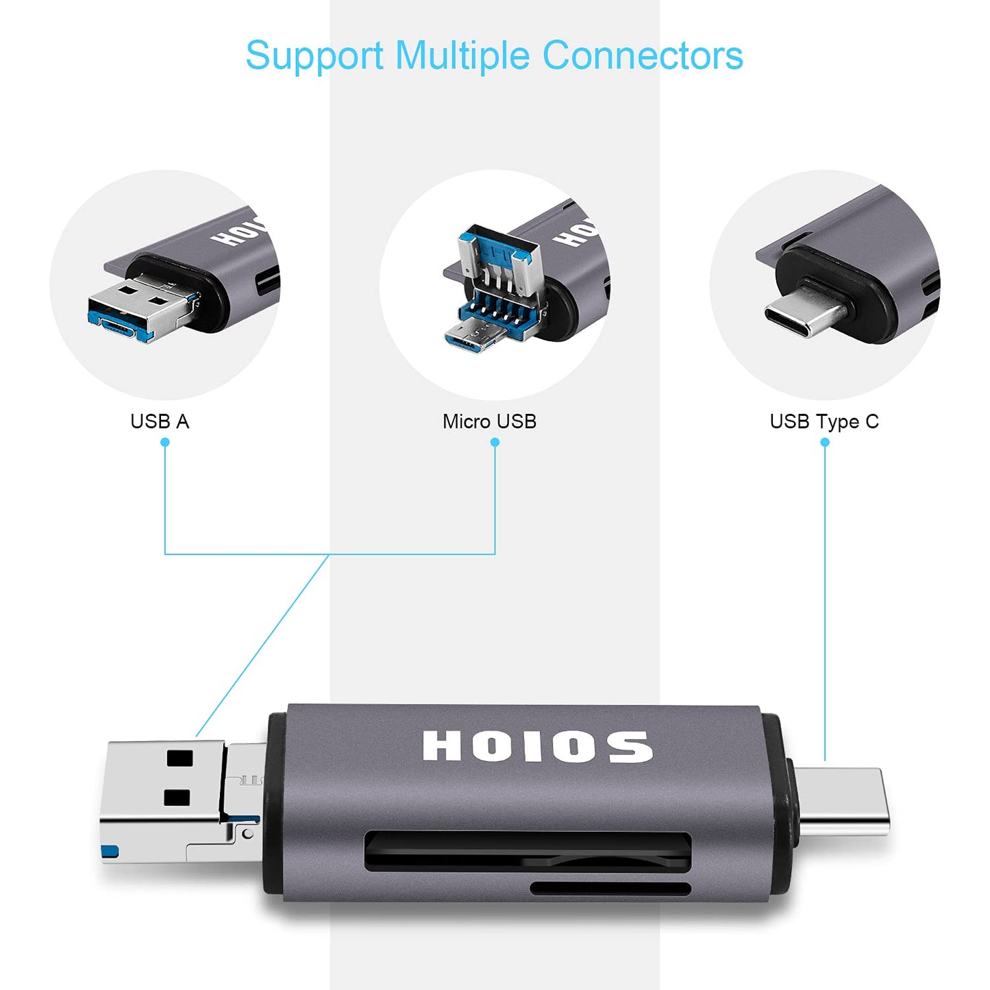 SD Card Reader USB-C,3-in-1 Memory Card Reader with Tri-Connectors, USB 3.0 Card Reader Adapter for SDXC,Micro SDXC,Compatible with Windows,Mac