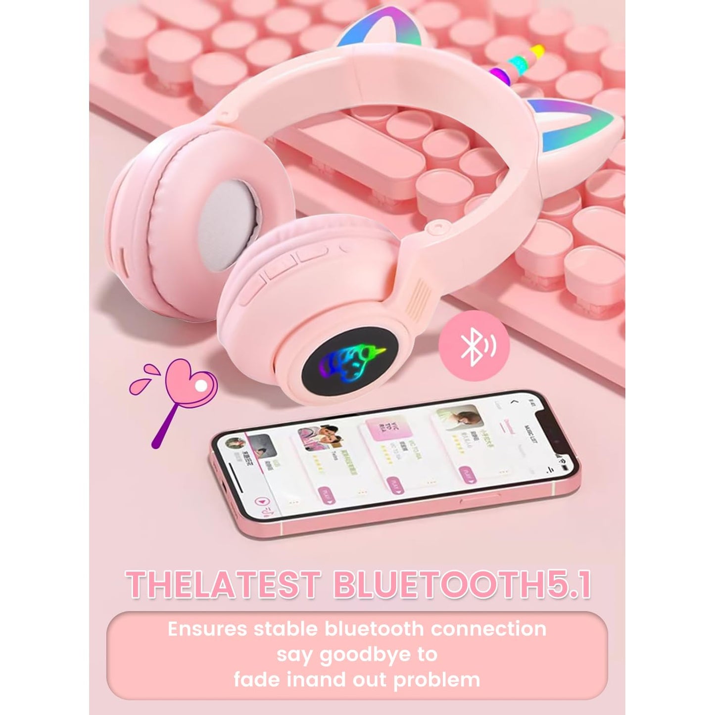 KERHAND Unicorn Kids Bluetooth Headphones, Wireless, Safe Volume, LED, Pink