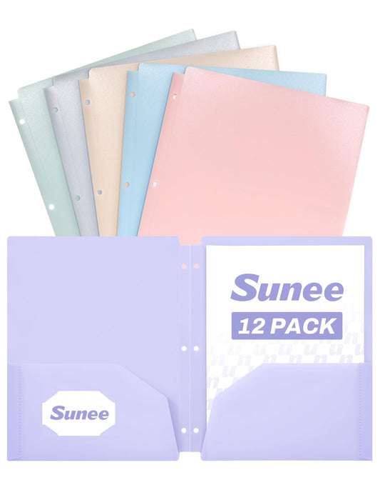 SUNEE 3 Hole Pocket Folders (12 Pack, Pastel Color) Plastic Pocket Folders for 3 Ring Binder, 3-Hole Punched Folders with Pockets, for Kids, Students