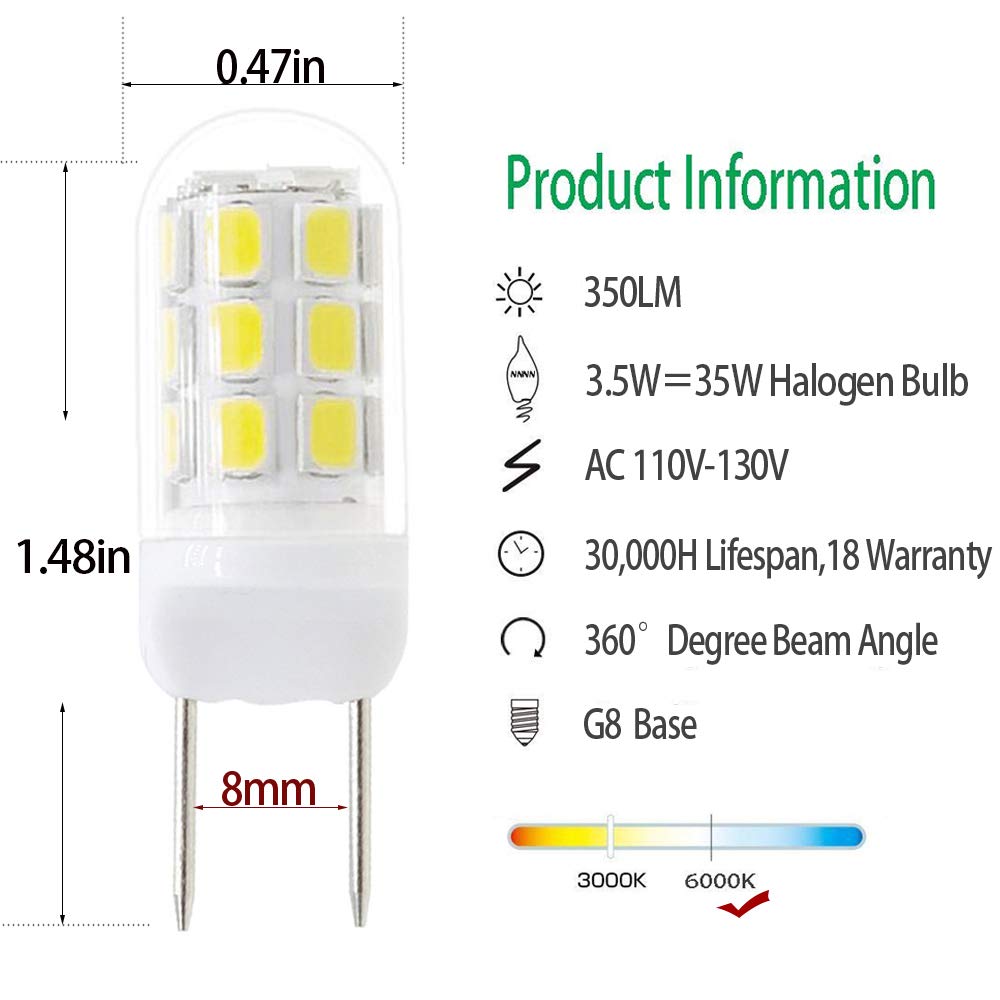 G8 Led Bulbs,35W Halogen Replacement Bulb, Dimmable 120V 3.5W Led, G8 Bi-Pin Bulb Led, White 6000K,for Light Fitting, Under Counter Kitchen Lighting
