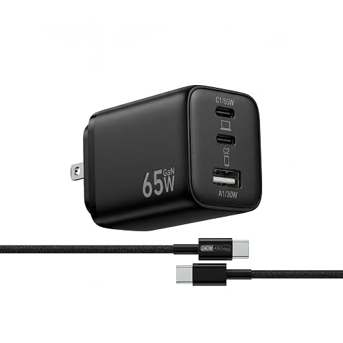 65W USB C Charger Block, 3-Port GaN III Fast Charger, Foldable Wall Charger with 6FT 240W Braided Cable Compatible iPhone 17Pro/16, Mac Book