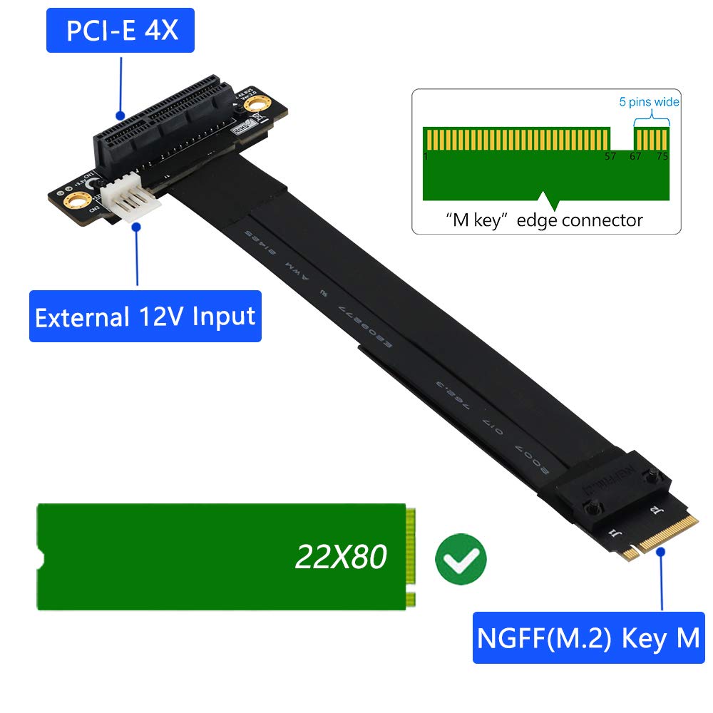 BQZYX+ M Key Extension M.2 NGFF Key M to PCIe 3.0 4X Extension Cable m.2 Key m to pci-e 4X (90°Right Angle PCI-E Slot)