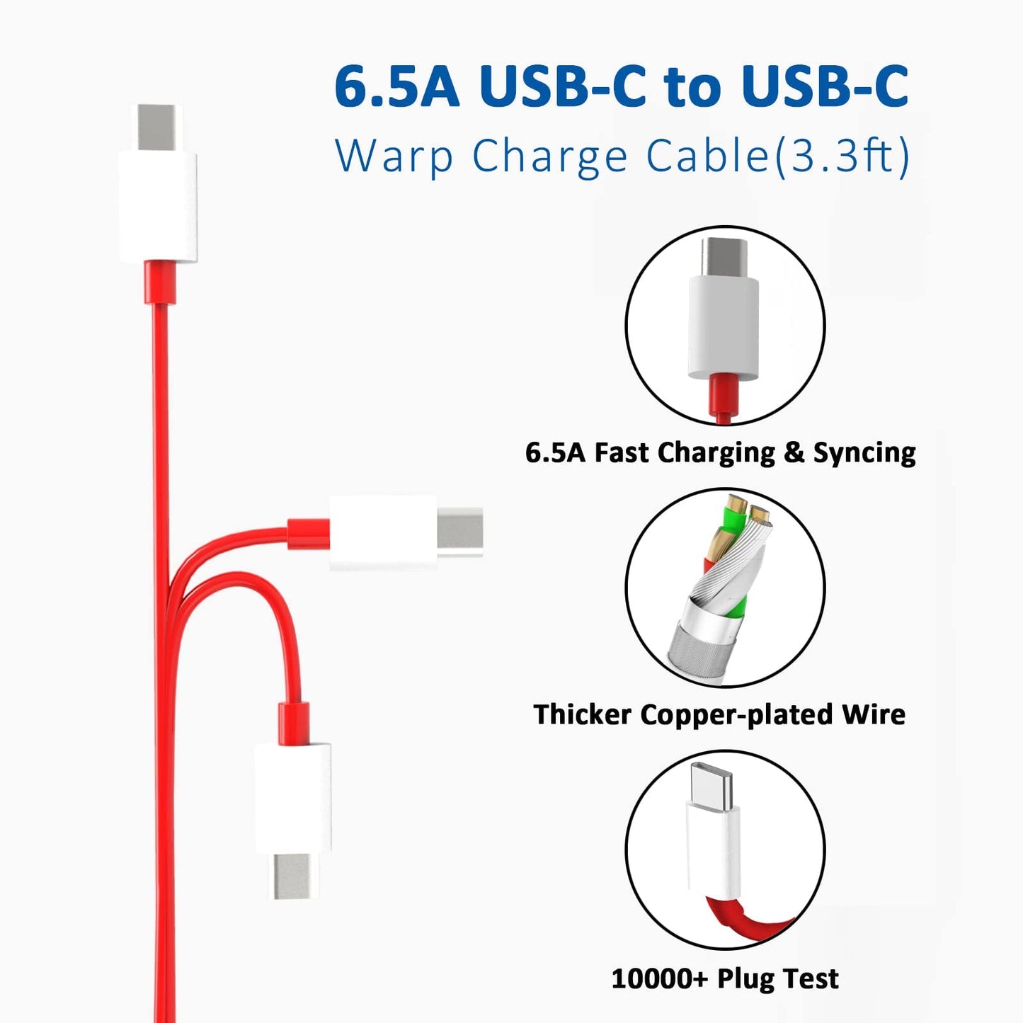 65W Warp Charger for OnePlus Nord 2 5G/9 Pro/9RT/9/9R/8T/Realme, Fast Wall Charger Adapter with 3.3 ft USB C Warp Cable