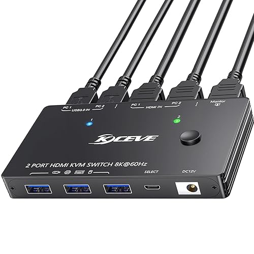 8K HDMI KVM Switch 1 Monitors 2 Computers, 8K@60Hz/4K@120Hz KVM Switch for 2 Computers Sharing 1 Monitors, Keyboard, Mouse,with 2 USB