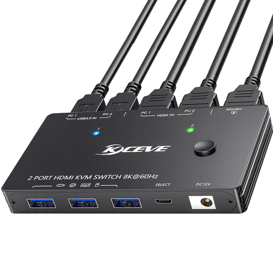 8K HDMI KVM Switch 1 Monitors 2 Computers, 8K@60Hz/4K@120Hz KVM Switch for 2 Computers Sharing 1 Monitors, Keyboard, Mouse,with 2 USB