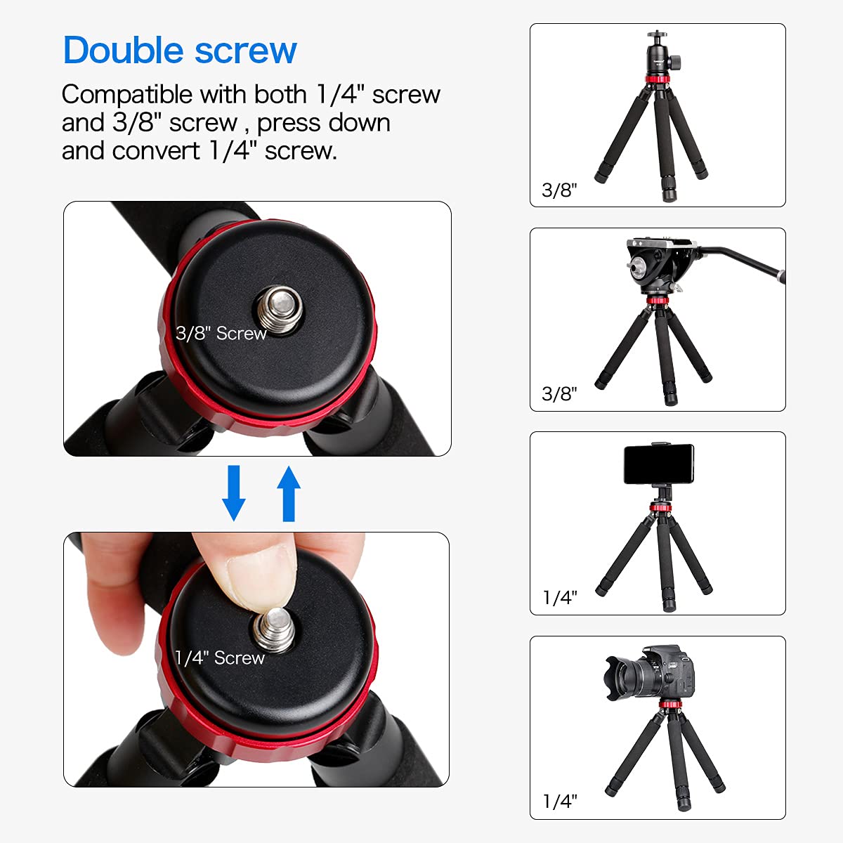 Koolehaoda Metal Mini Tripod with 360° Ball Head and 1/4" Screw Desktop Tabletop Stand Tripod for Cameras,Load up to 8kg - (MT-02+D28)