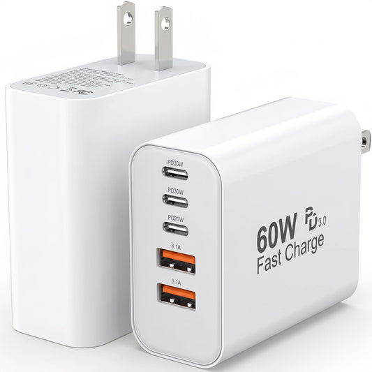 USB C Charger Block, 2-Pack 60W 5 Ports USB C Wall Charger Plug Fast Charging, QC Multiport PD Adapter Chargers, Type C Box Brick Cube Compatible