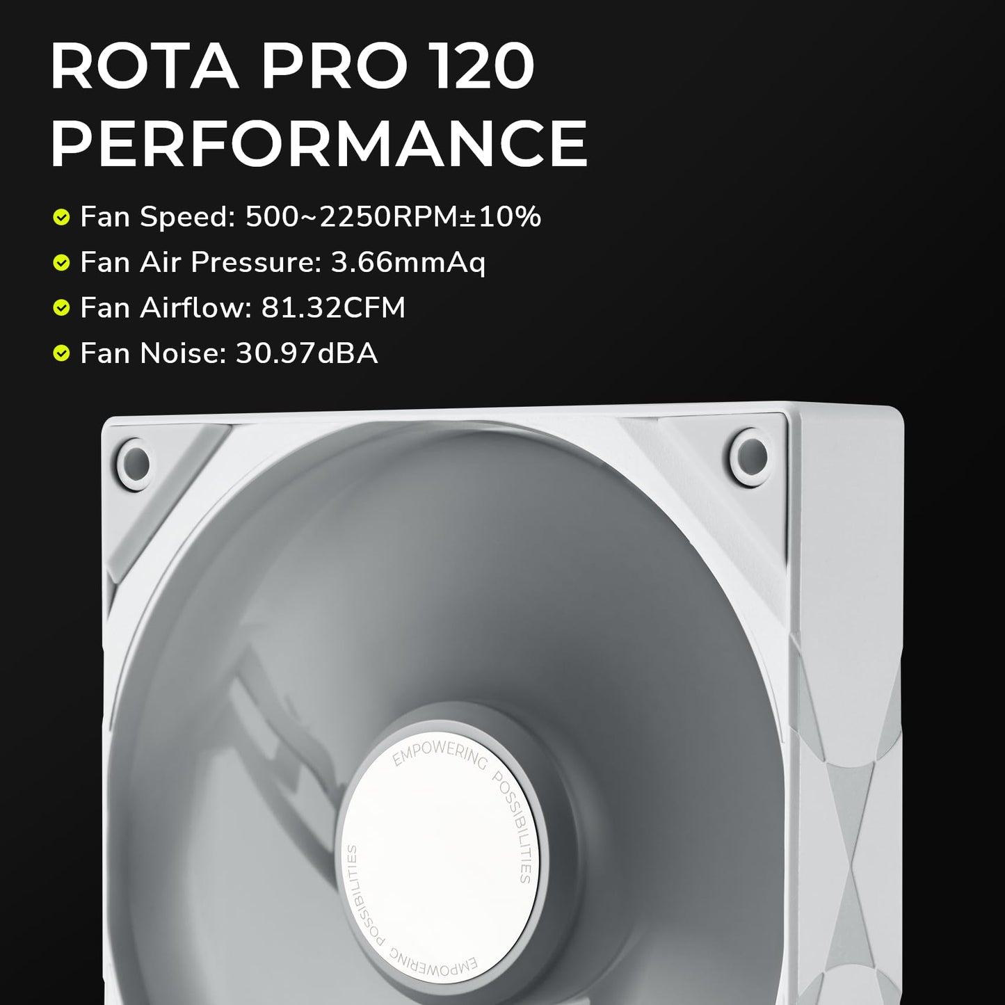 TRYX ROTA PRO 120 White 120mm Case Fan 4-Pin PWM LCP Material FDB Case Fan 2250RPM with 81.32CFM Airflow High-Performance Quiet PC Fan