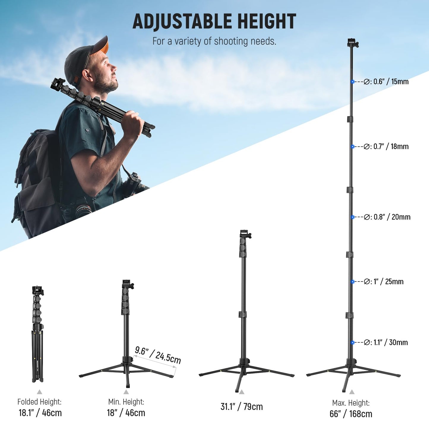 NEEWER Basic Phone Tripod for iPhone & Camera w/Remote & Phone Holder, 66" Metal Selfie Stick Travel Vlog Cell Phone Stand, Portable Camera Cellphone