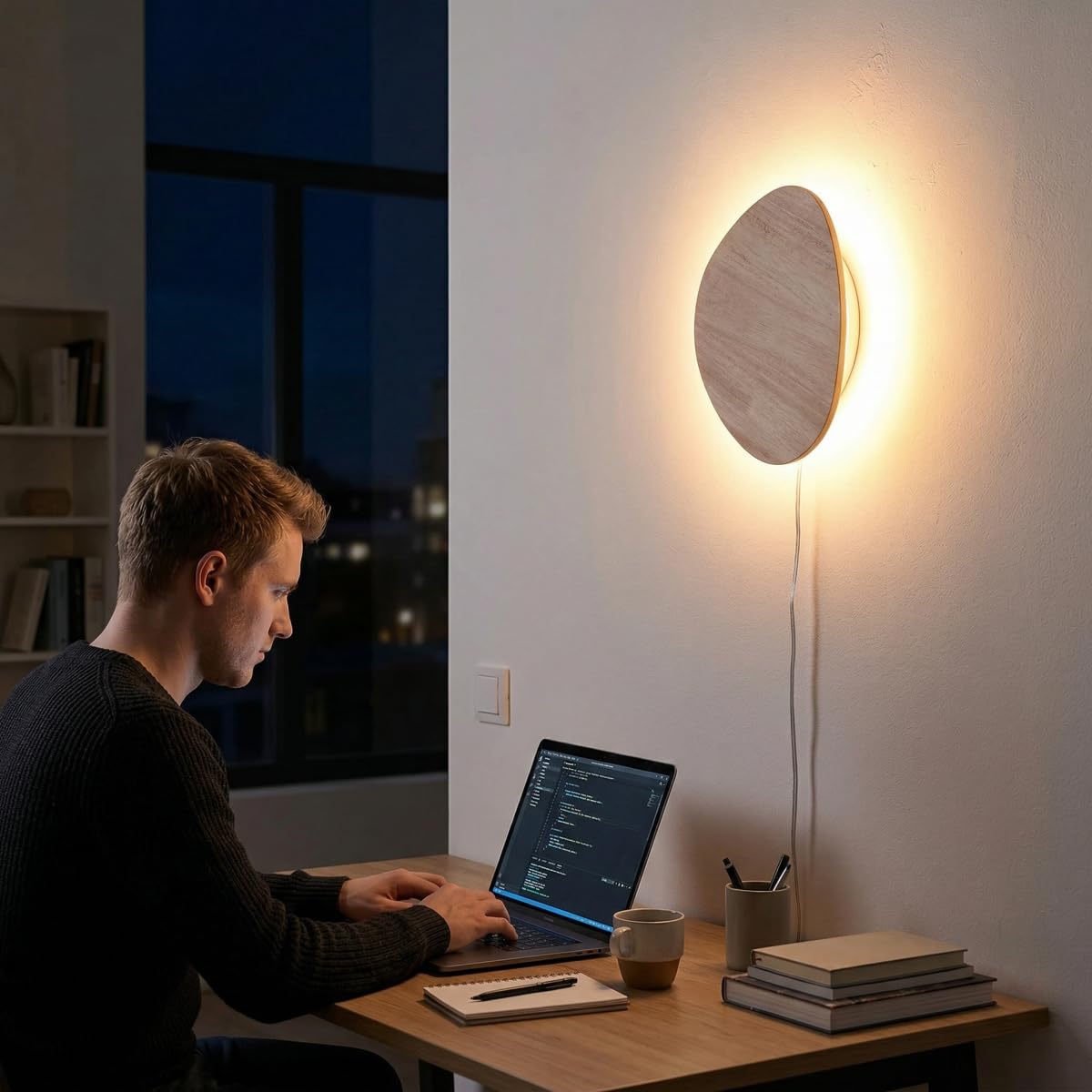 Modern Minimalist Plug in Wall Sconces, 7.9'' Plug-in Or Cordless Wood Backlight LED Wall Lamp, 8W, 700LM Warm White Brightness Wall Light Fixtures