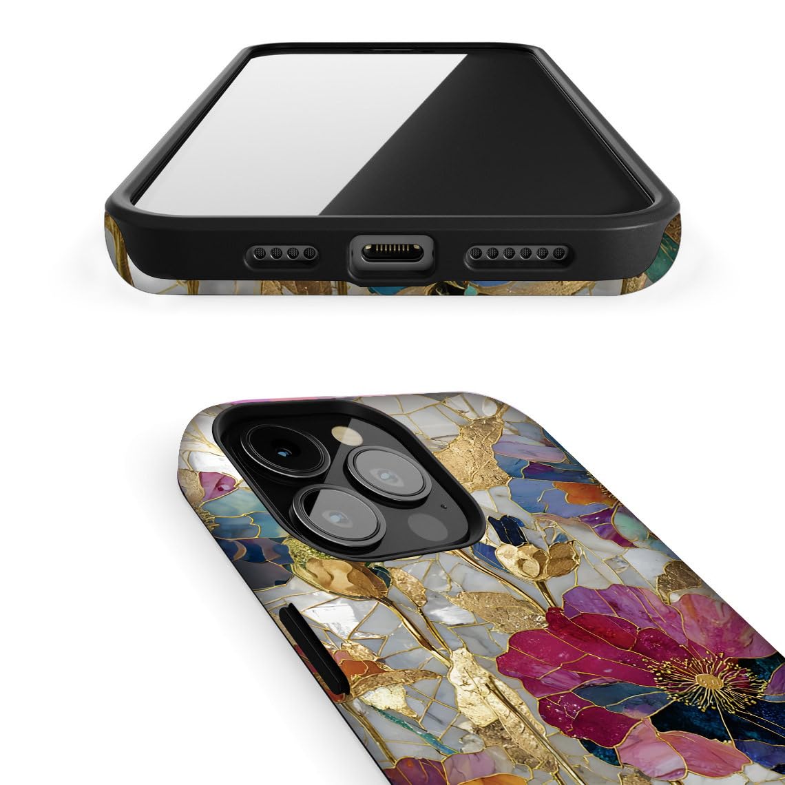 ZHUXUXITT Case Compatible with iPhone 16 Plus,Stained Glass Bloom Flower Phone Case Hybrid 2-Layer Hard Shell,Shockproof Soft for Girl Women Boy Men