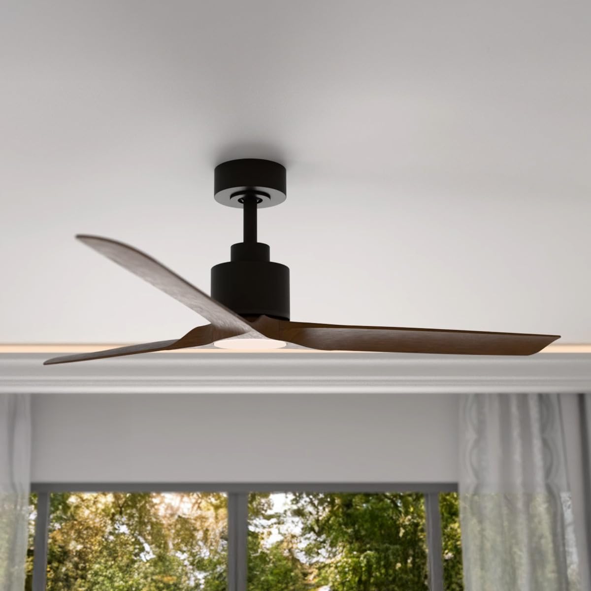 East Grove Home Delta Indoor or Outdoor 52in 3-Blade Smart Ceiling Fan 2700K-6000K CCT Tunable Range LED Light Kit with Black Hardware in Walnut