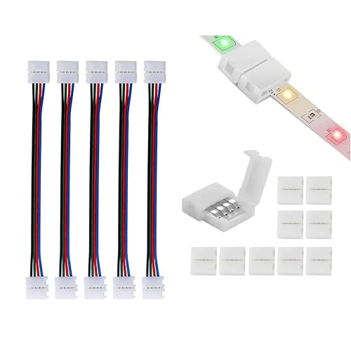 LED Light Strip Connectors for RGB Strip Lights, 10-Pack 4pin 8mm Gapless Seamless Connectors, 5 Pack Strip for Stripping Jumper Extension Connector