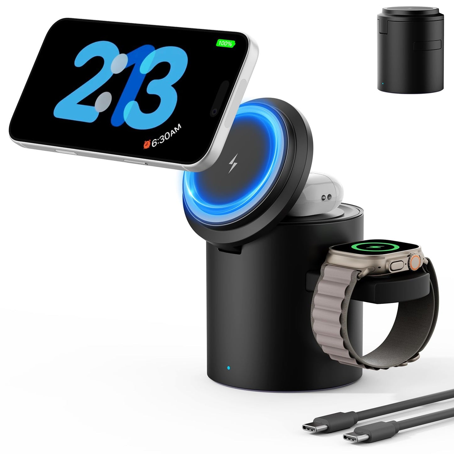 Foldable 3in1 Magnetic Wireless Charger,15W • Silent • Travel Ready, for iPhone17-12, Fast Charging Station for Apple Watch AirPods, Portable MagSafe