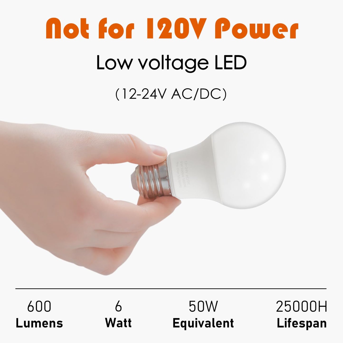 Maelsrlg 12V LED Bulb 6W(50W Equivalent), Daylight 5000K, 12V-24V AC/DC, 600 Lumens, Non-Dimmable, A19 12V DC LED Light Bulbs, E26 Base, Pack of 6