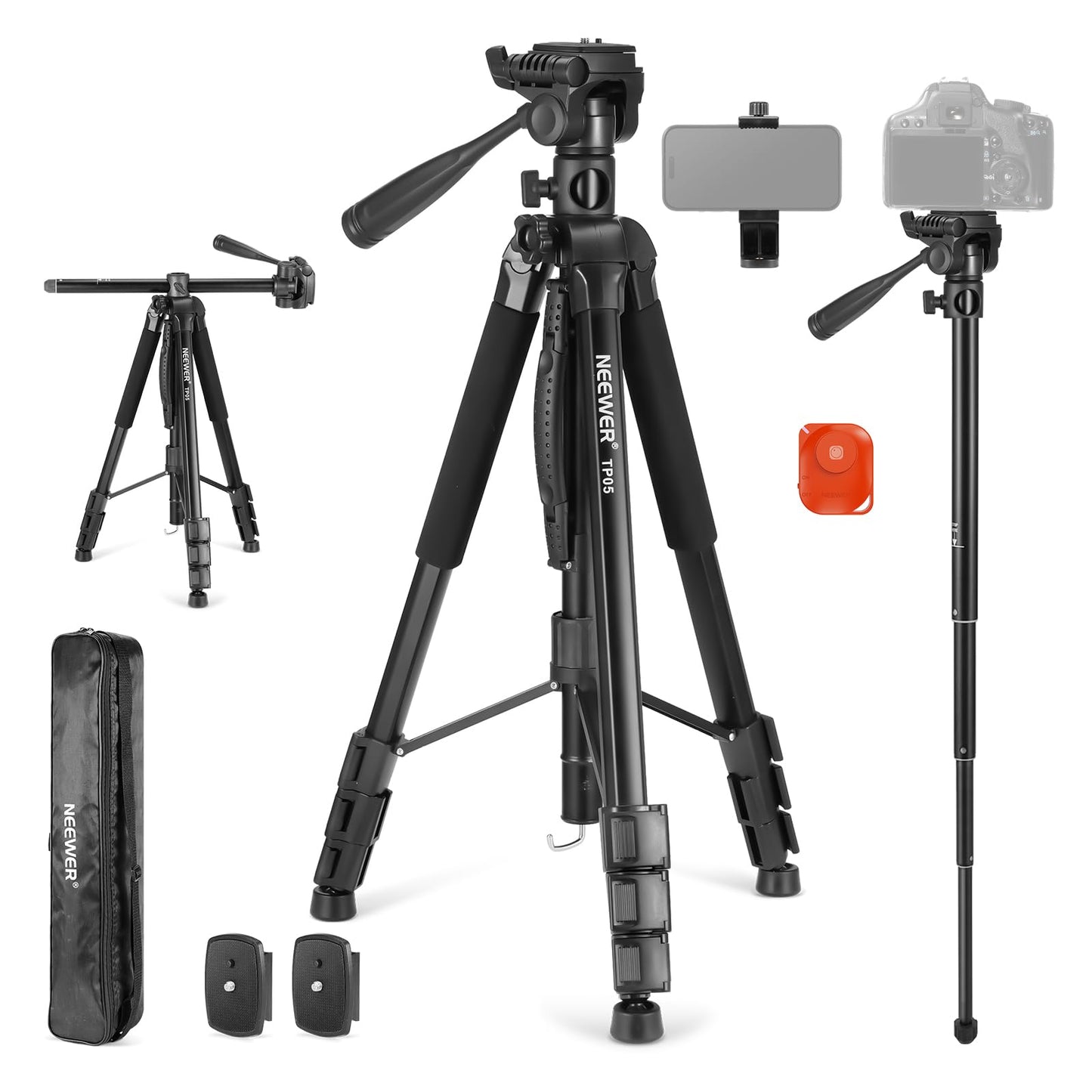 NEEWER Basic 74" Video Tripod Monopod, 3 Way Pan Tilt Head, Remote, Overhead Camera Mount, Horizontal Central Axis, Phone Holder Compatible