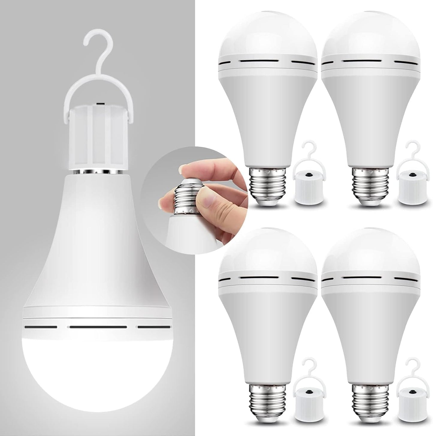 Neporal 4 Pack Emergency-Rechargeable-Light-Bulb, Stay Lights Up When Power Failure, 1500mAh 15W 80W Equivalent LED Light Bulbs for Home, Camping