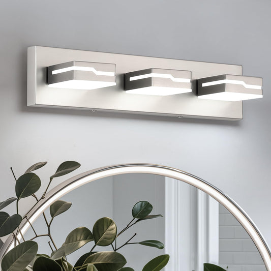 Merexcint LED Modern Bathroom Vanity Light Fixtures 3-Light, 19 inch Dimmable Nickel Vanity Lights for Bathroom Lighting Fixtures Over Mirror
