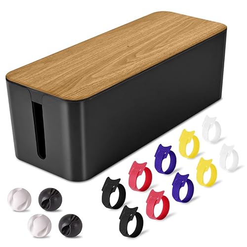 Cable Management Box Large - Wooden Grain Cable Organizer Box to Hide Wires&Power Strips,TV&Desk Computer Wires,with Cable Clips&Reusable Cable Ties