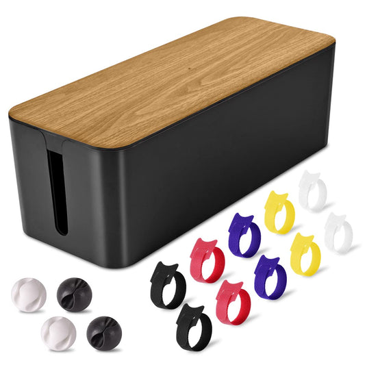 Cable Management Box Large - Wooden Grain Cable Organizer Box to Hide Wires&Power Strips,TV&Desk Computer Wires,with Cable Clips&Reusable Cable Ties