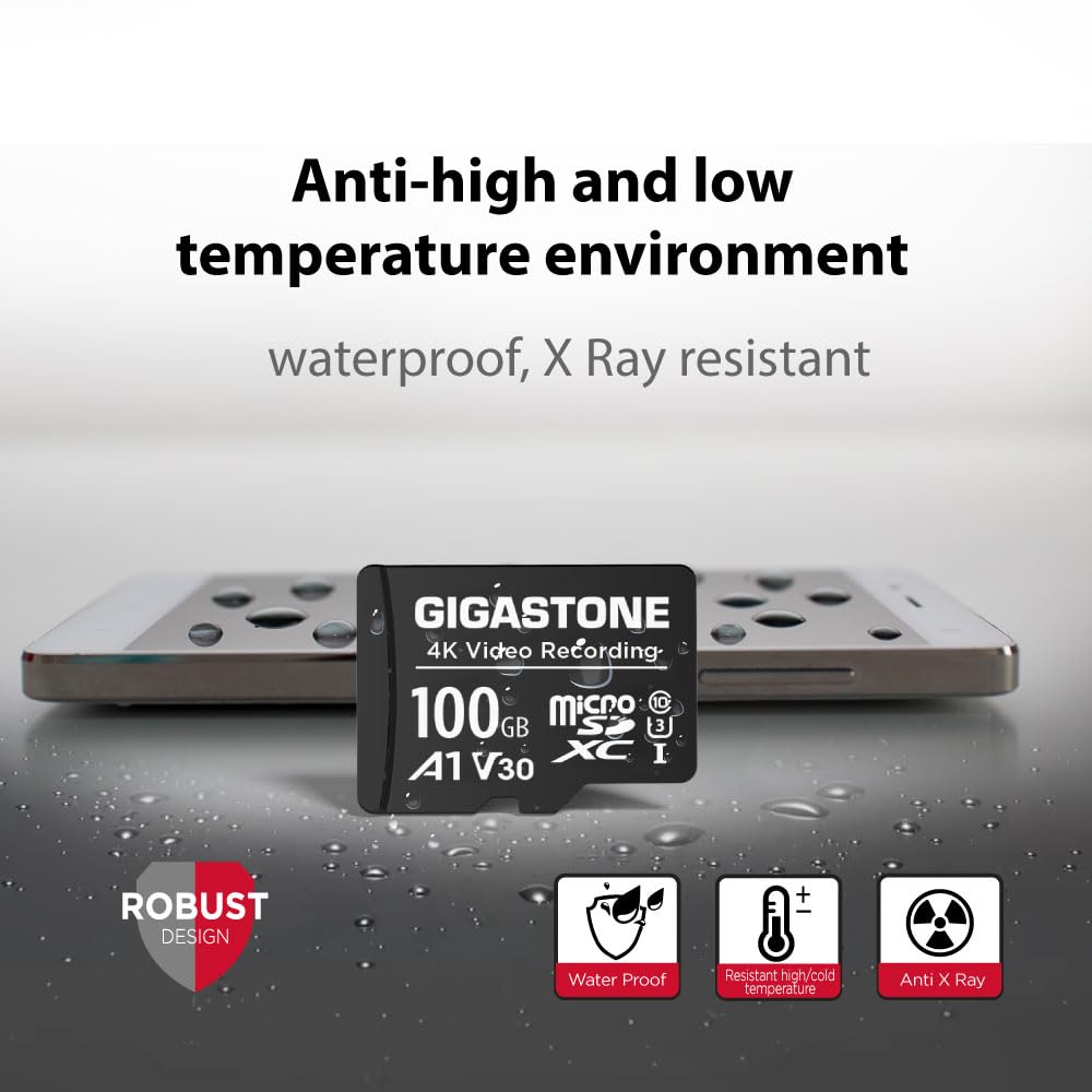 GIGASTONE 100GB Micro SD Card, A1 V30 4K Video Recording, Compatible with Security Camera, Dash Cam, Drone, 100MB/s MicroSDXC Memory Card UHS-I