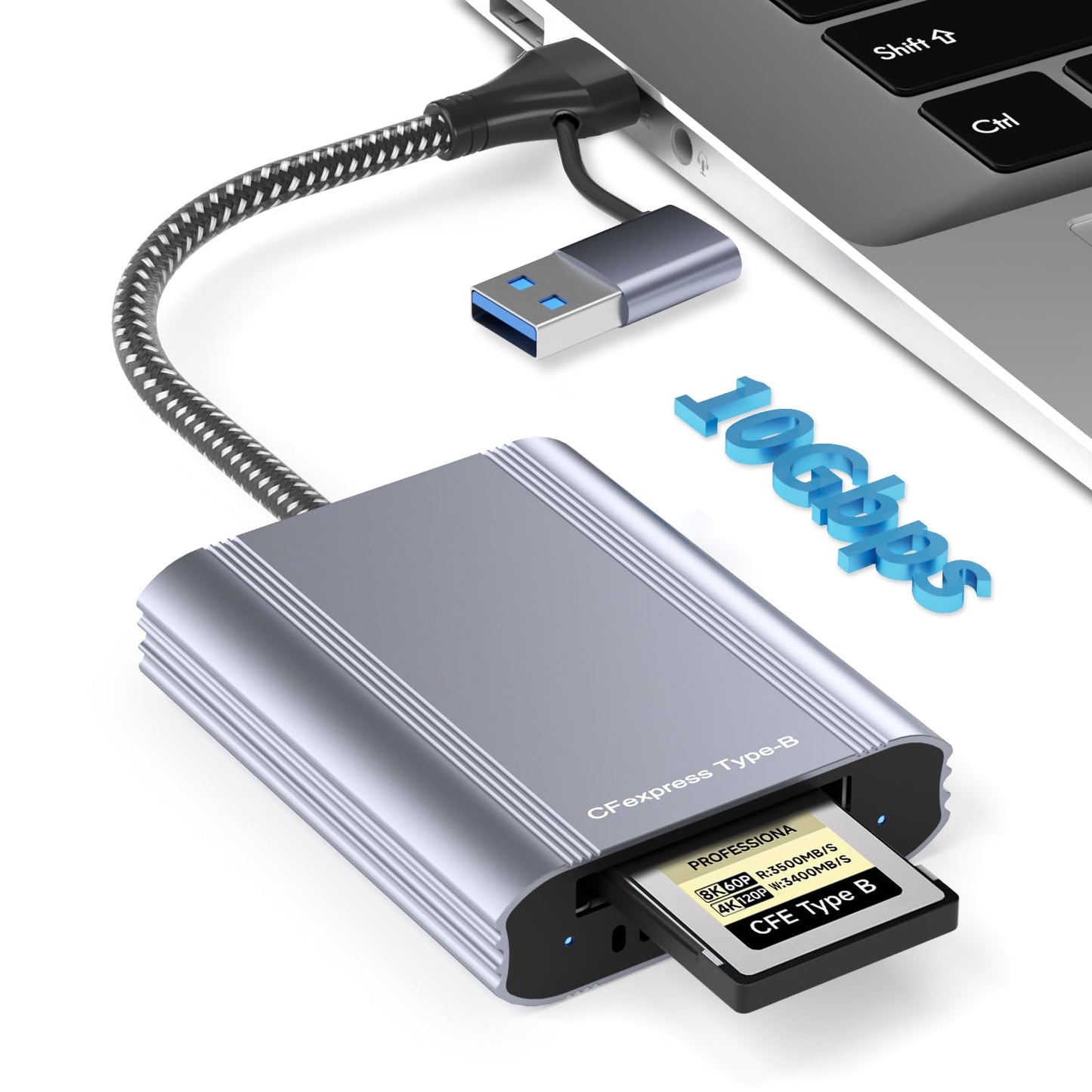 CFexpress Type B Card Reader with USB 3.2 Gen 2 10Gbps & USB-C/USB-A 2-in-1 Type B CFexpress Adapter, Compatible with Windows/Mac/Linux/Android