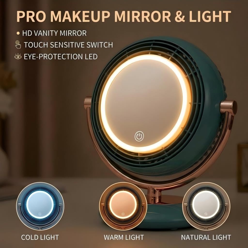 EZMind Retro-Style Makeup Mirror Desktop Portable Fan, Desktop Dressing Mirror with Built-in Fan, Equipped with LED Lighting, Warm and Cool Tone