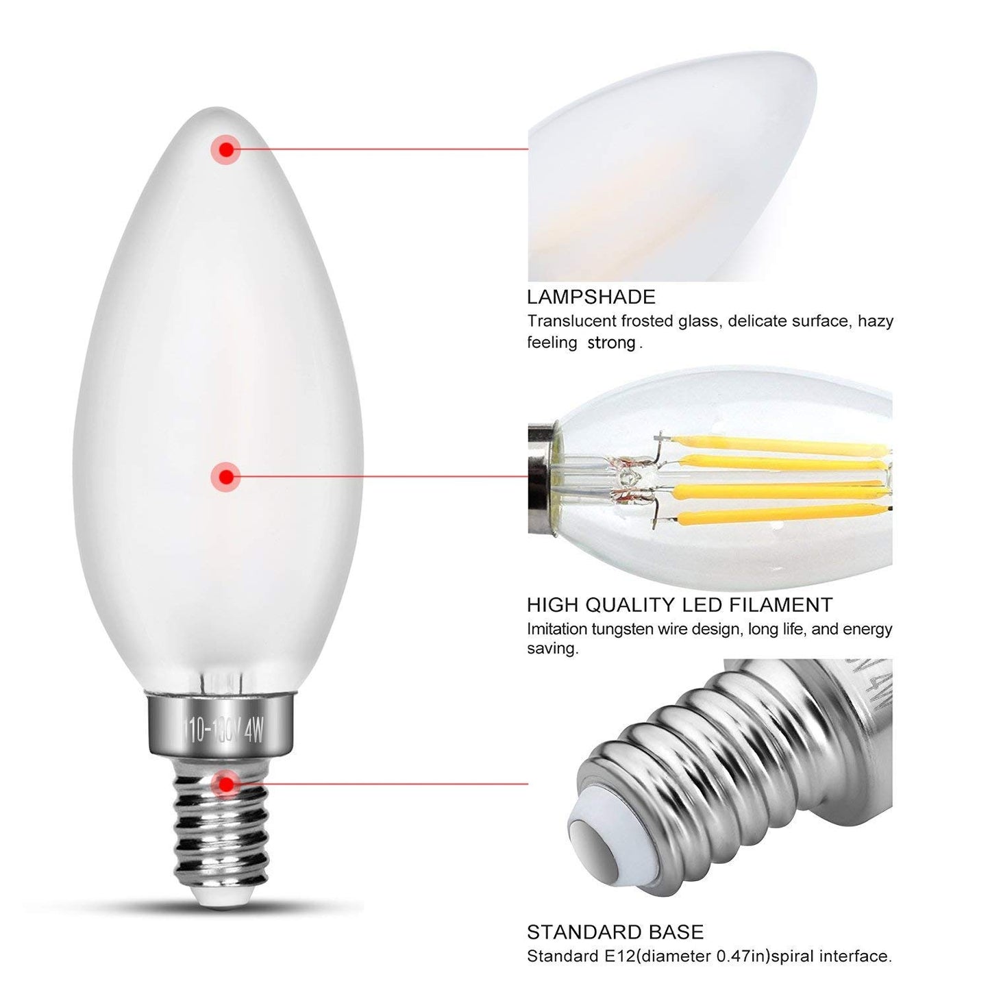 carryBC Dimmable LED Candelabra Bulb Warm White, 2700k 40W Equivalent E12 Base LED Candle Bulbs, C35 Frosted Glass Torpedo Shape Bullet Top, 360