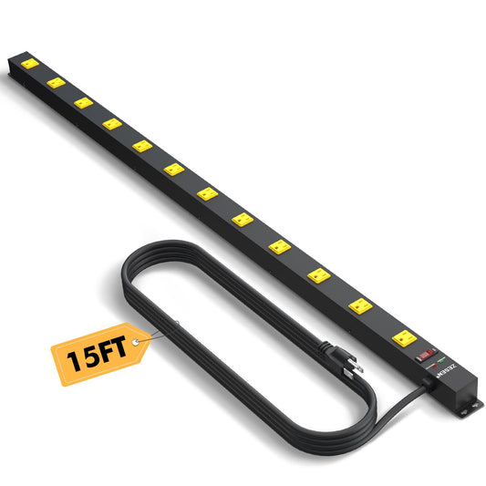 12 Outlet Industrial Long Power Strip with 15Ft Cord, 1875W Heavy Duty Metal Power Strip with Wide-Spaced Outlets & Overload Protection, ETL Listed