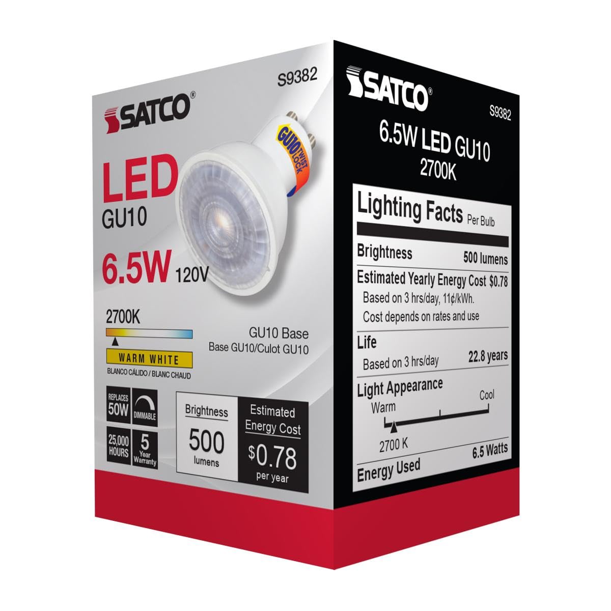 Satco S9382-6.5 Watt MR16 LED Reflector Light Bulb; 2700K Warm White; 500 Lumen; 40 Deg. Beam Angle; GU10 Bi-Pin Base; Dimmable, 120 Volt (6 Bulbs)