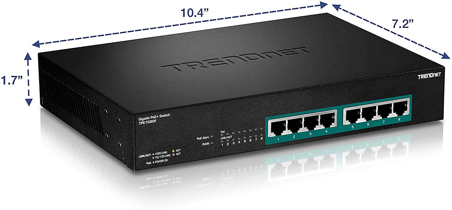 TRENDnet 8-Port Gigabit Full Power Poe+ Switch, 8 x Gigabit PoE+ Ports, 240W Power Budget, 16Gbps Switching Capacity, Rack Mountable, Ethernet Network