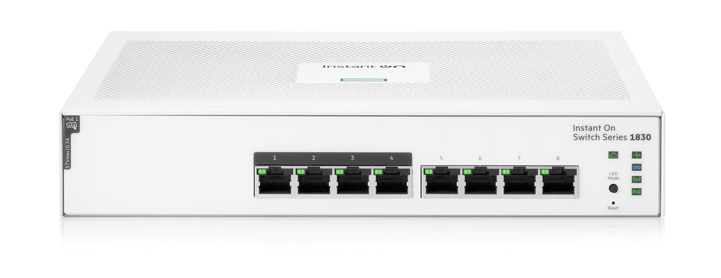 HPE Networking Instant On Switch Series 1830 8-Port Gb Smart-Managed Layer 2 Ethernet Switch with PoE | 8X 1G | 4X CL4 PoE (65W) | Fan-Less | US Cord