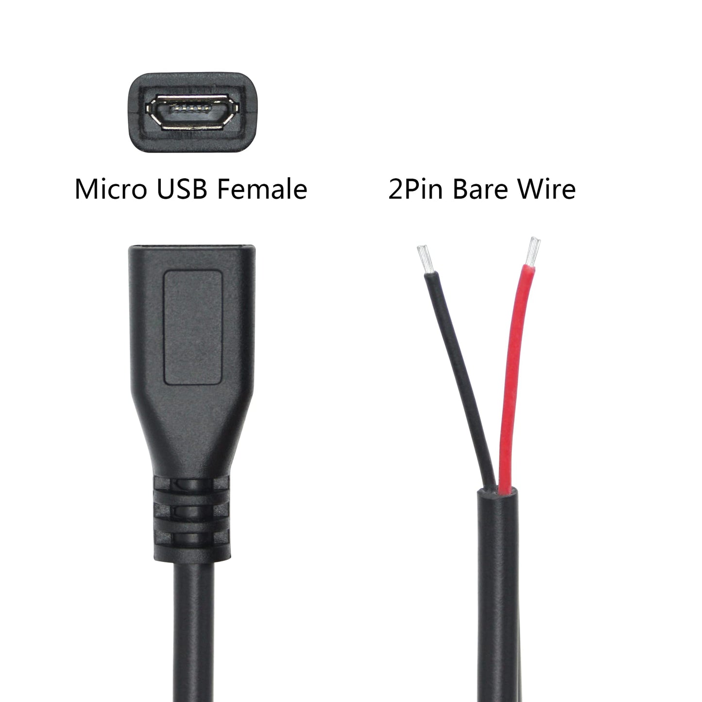 Short Micro USB Female 2 Pin Bare Wire,30cm/11.8in Micro USB to Open End Pigtail Power Cable Easy Soldering,Micro USB 22AWG 3A for Micro USB Equipment