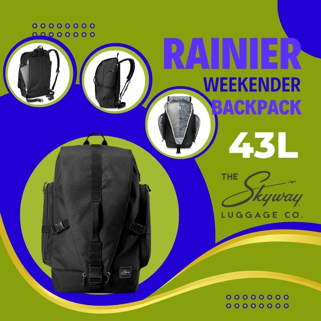 Skyway Luggage Rainier Weekender Backpack, Eco-Friendly, Made of 100% rPET Travel Laptop Bag for Women & Men, Flight Approved Carry On Bag, 43L