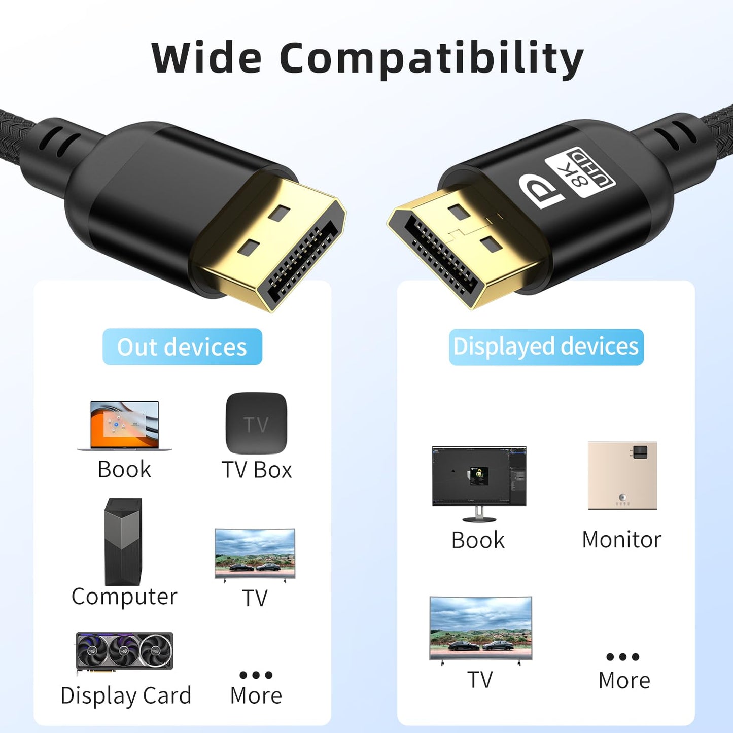 Diyanisly 8K DisplayPort Cable 3.3FT, DP 1.4 Cable, 32.4Gbps 8K@60Hz 4K@120Hz 2K@240Hz, High Refresh Rate Flexible for HDR DSC, FreeSync, G-Sync