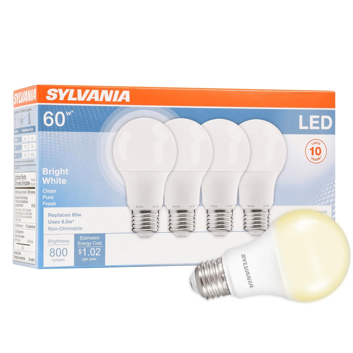 SYLVANIA LED Light Bulb, 60W Equivalent A19, Efficient 8.5W, Medium Base, Frosted Finish, 800 Lumens, Bright White - 4 Pack (79704)
