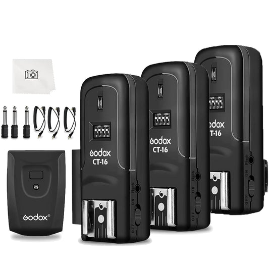 Godox CT-16 Wireless Radio Flash Trigger Receiver Kit,433MHz 4 in 1 Transmitter with 3pcs Receiver Compatible for Canon Nikon Sony Pentax Olympus DSLR