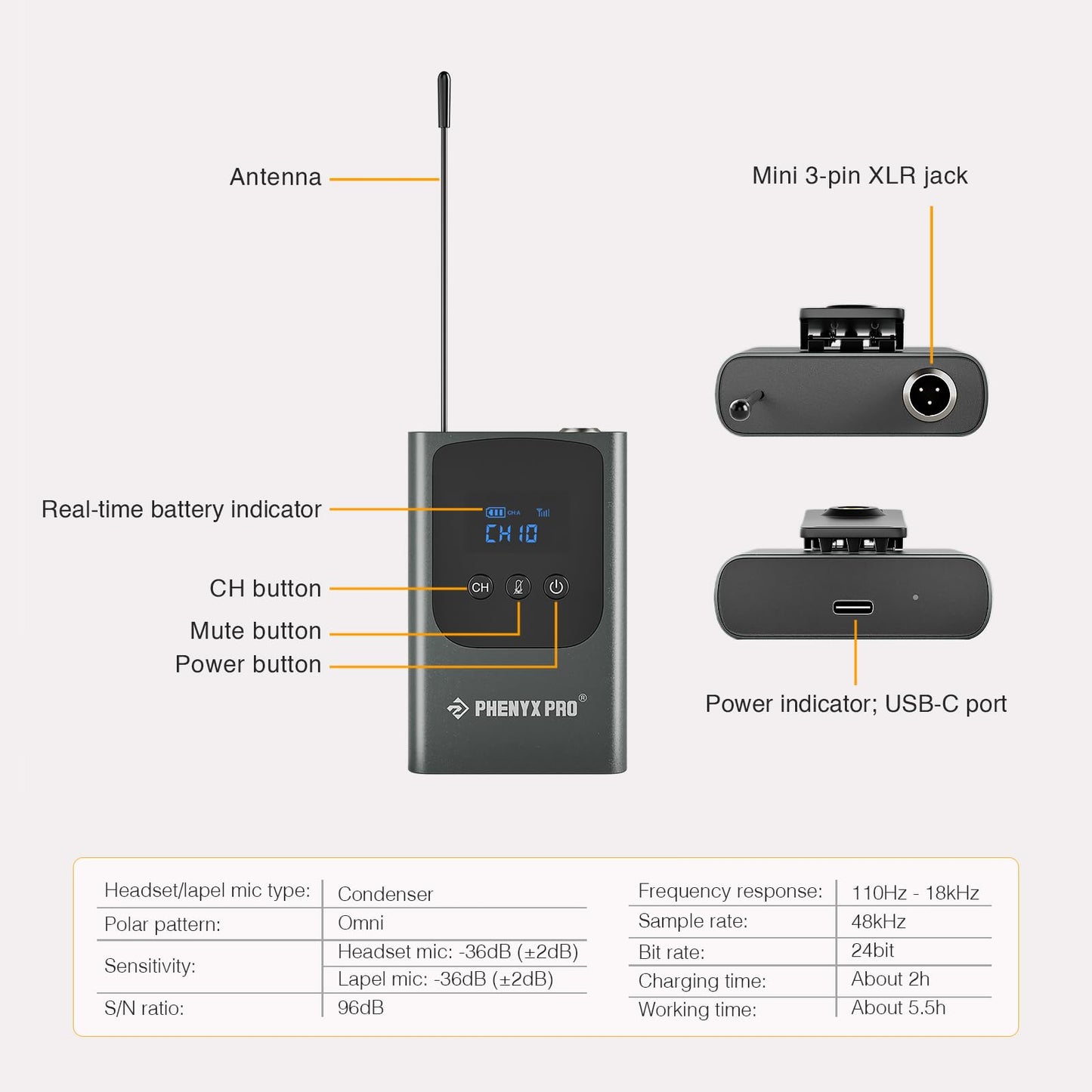 Phenyx Pro Portable Bodypack Transmitter, 900 MHz UHF Bodypack with 3-Pin XLR and 15 Selectable Frequencies, Compatible with PDP-1/2 in 900MHz UHF